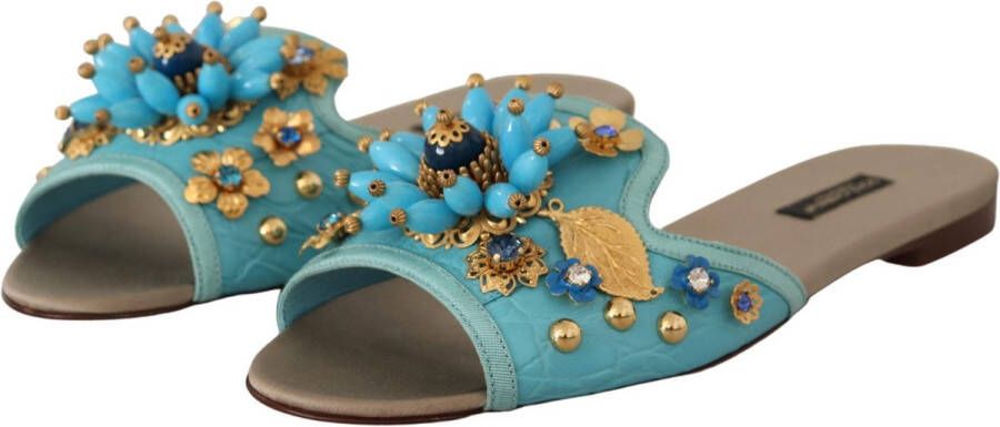 Dolce & Gabbana Blauwe Kristallen Exotische Leren Sandalen Blue Dames