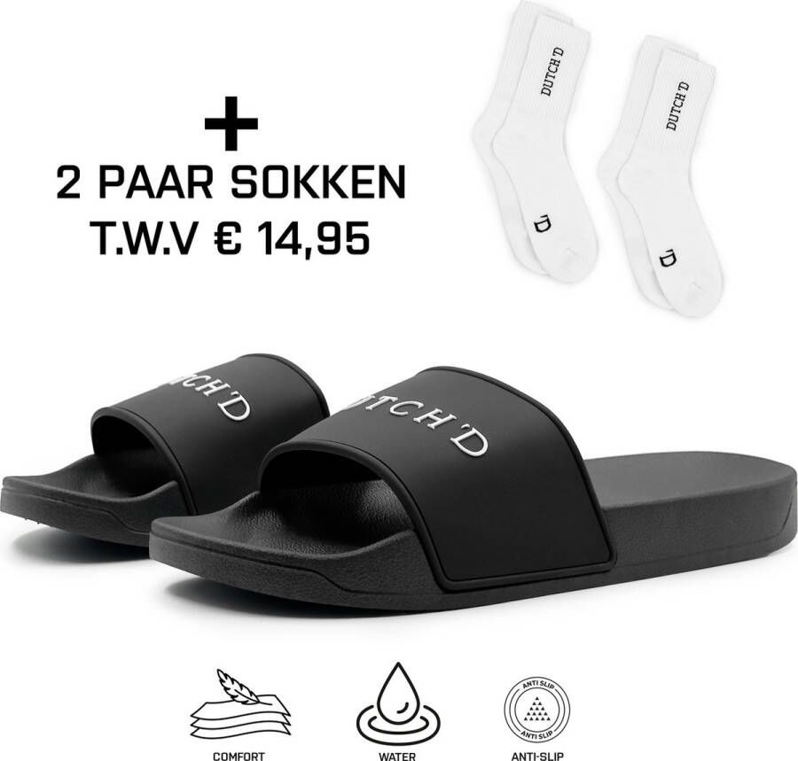 DUTCH'D Rubberen slipper + GRATIS 2 paar Sport Sokken t.w.v € 13 95 zwart wit anti slip Comfortabel Dubbele maten unisex