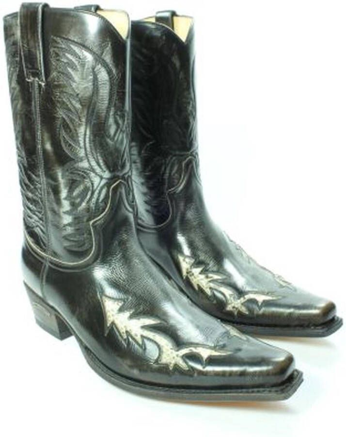 Sendra boots 9393 Mimo Zwart Heren Cowboy Western Boots Spitse Neus Schuine Hak Glanzend Leer Vintage Look Brede Leest Echt Leer