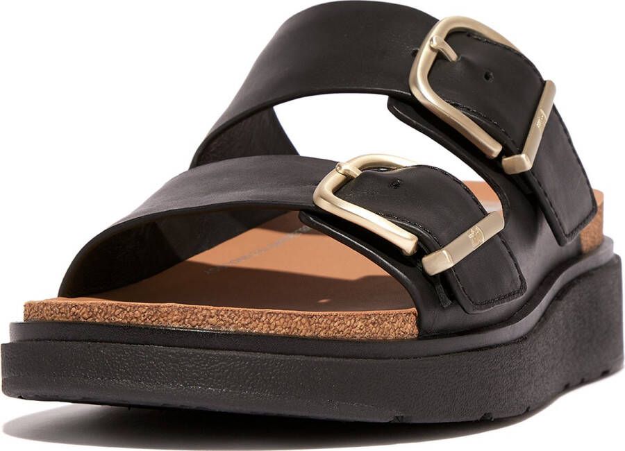FitFlop Buckle Two-bar Leather Slides Zwart Vrouw