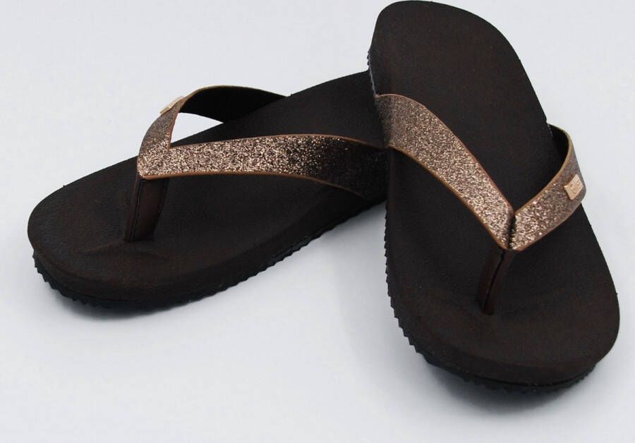 Giliss Fashion Giliss Teen Slippers dames ORTHO Bruin Zwart Zand Gouden strap