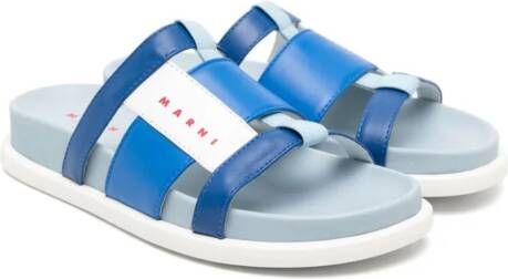 Marni Kids Leren slippers met logoprint Blauw