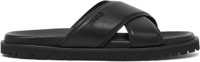 Versace Leren slippers met logo Zwart