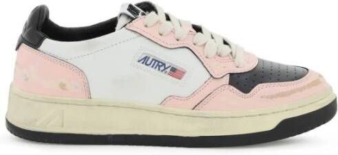 Autry Vintage Lage Leren Sneakers in Wit Zwart Roze Multicolor Dames