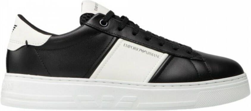 Emporio Armani Zwarte leren sneakers met witte contrastinzetten en logo-opschrift 43.5 Black Heren