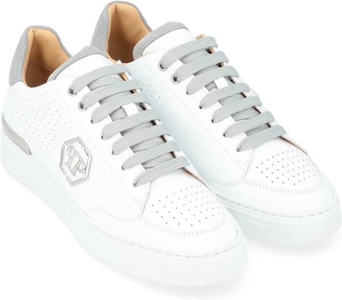 Philipp Plein Witte Geperforeerde Leren Lo-Top Sneaker met Grijze Details White Heren