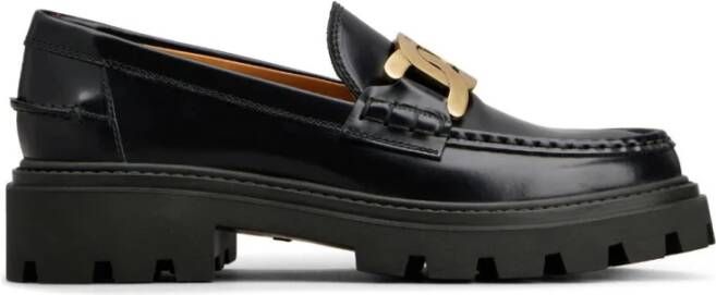 TOD'S Zwarte leren loafers met kettingdetail Black Dames