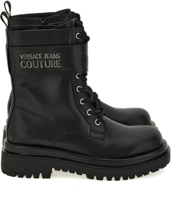 Versace Jeans Couture Zwarte platte schoenen met ritssluiting en klittenbandsluiting Black Dames