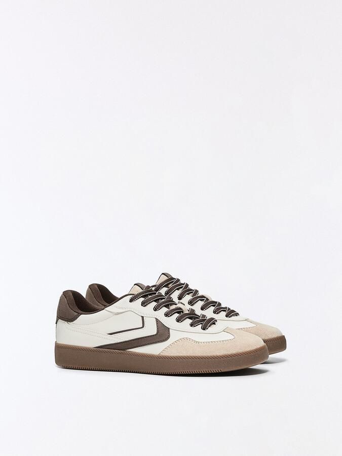 Bershka Sneakers laag beige donkerbruin wit - Foto 3