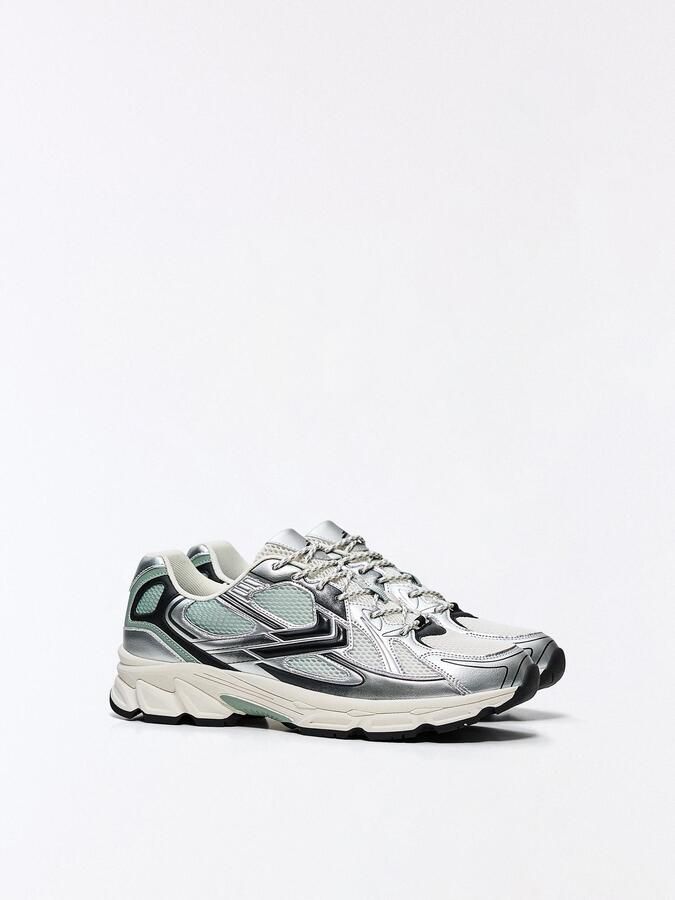 Bershka Sneakers laag zilvergrijs lichtgroen wolwit - Foto 4