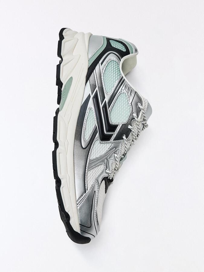 Bershka Sneakers laag zilvergrijs lichtgroen wolwit - Foto 5