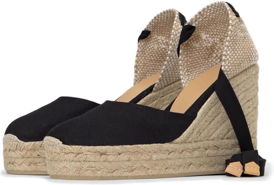 Castañer Carina katoenen espadrilles met striksluiting dubbele zool en 9 cm sleehak. - Foto 3