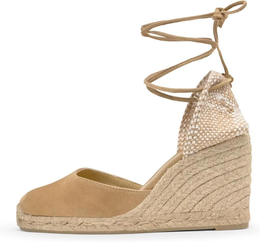 Castañer Beige Sandalen met Gevlochten Raffia Sleehak Beige Dames
