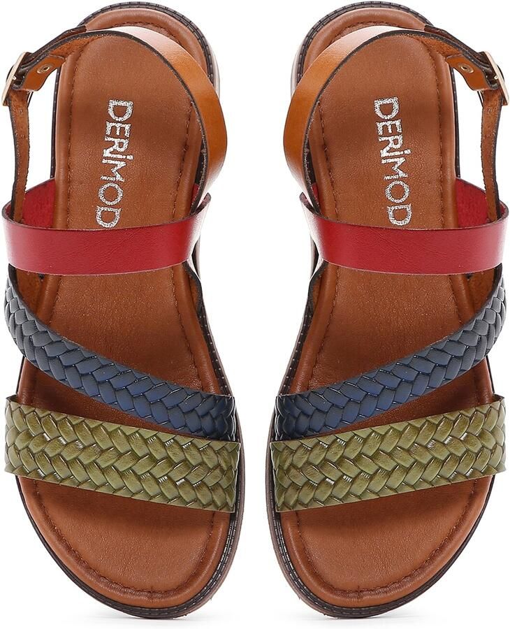 Derimod Sandalen met riem donkerblauw cognac lichtgroen roestrood - Foto 2