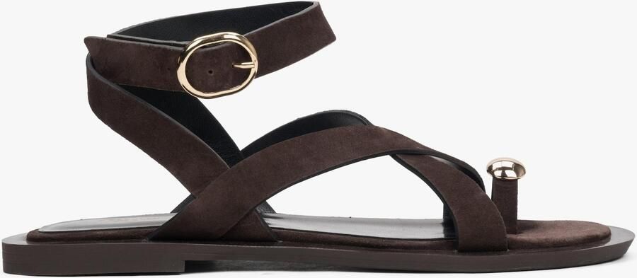 Estro Dames Zadelbruine Velours Strappy Sandalen met een Teenring - Foto 6