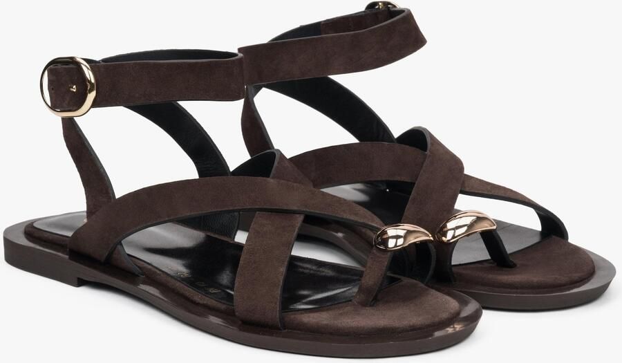 Estro Dames Zadelbruine Velours Strappy Sandalen met een Teenring - Foto 4