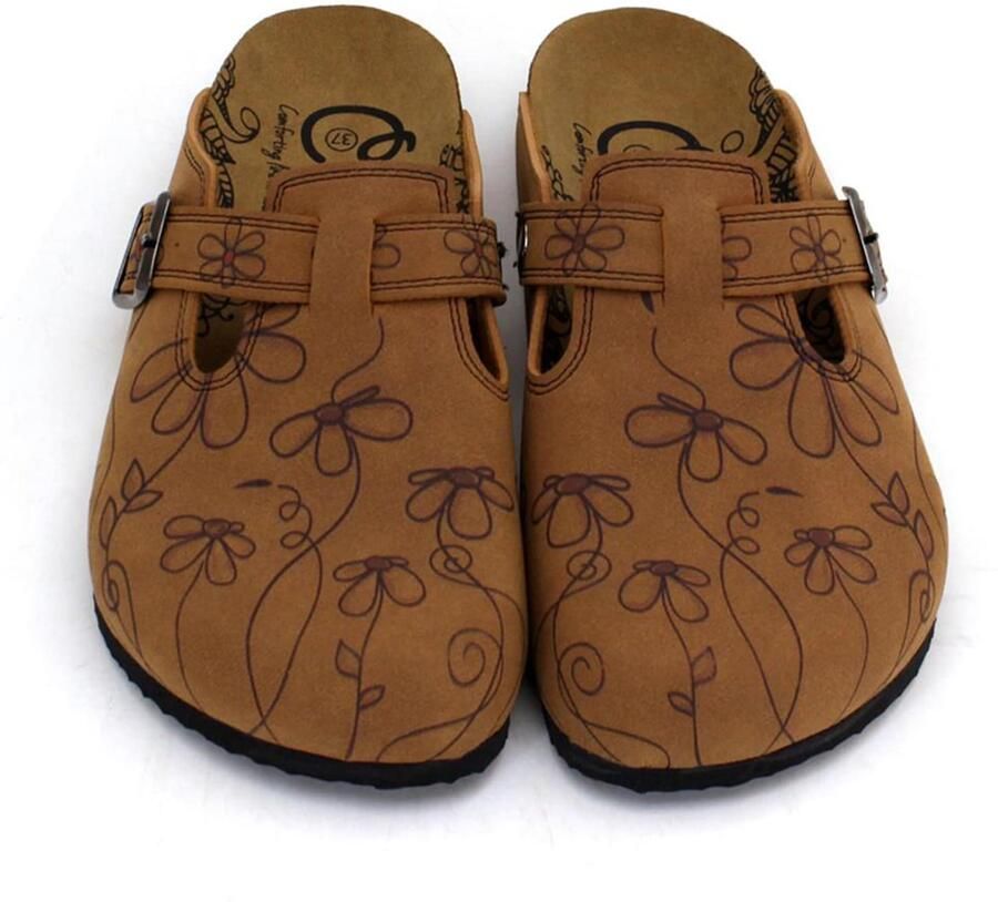 Goby Clogs 'Women Calceo Brown Clogs CALN201 with flowers' bruin - Foto 2