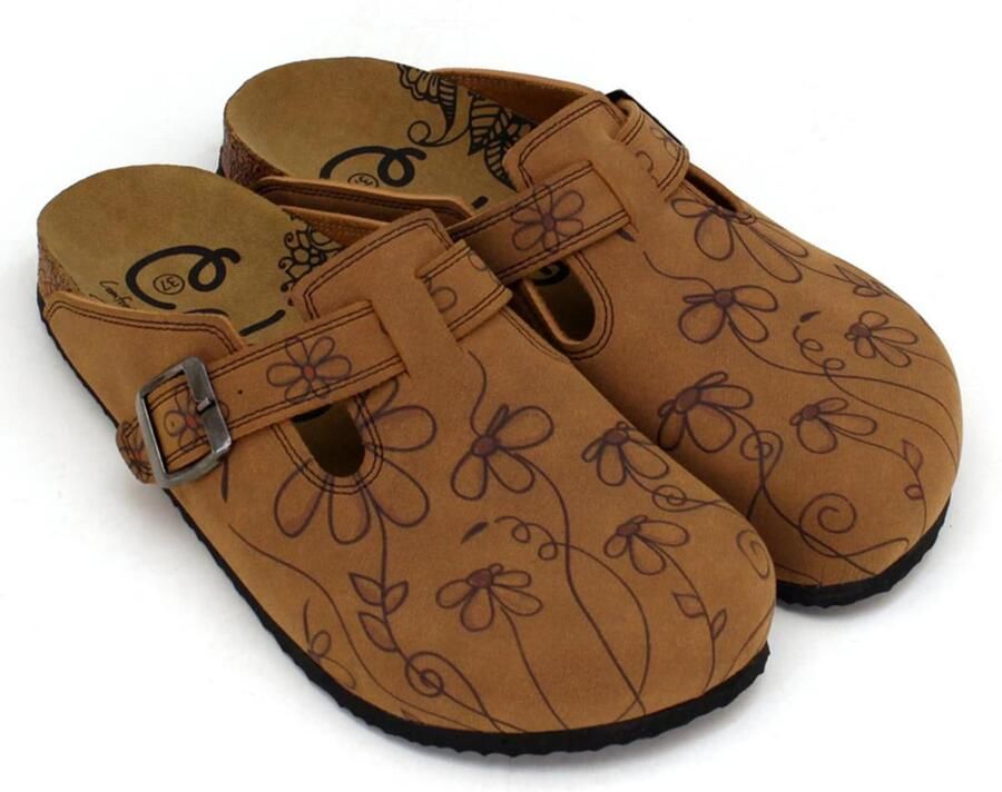 Goby Clogs 'Women Calceo Brown Clogs CALN201 with flowers' bruin - Foto 3