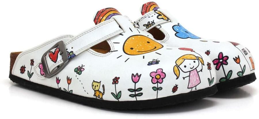 GOBY Dames Clogs Zon en Wolk Illustratie Handgemaakt Vegan Leer Comfortabele Damesklompen - Foto 3