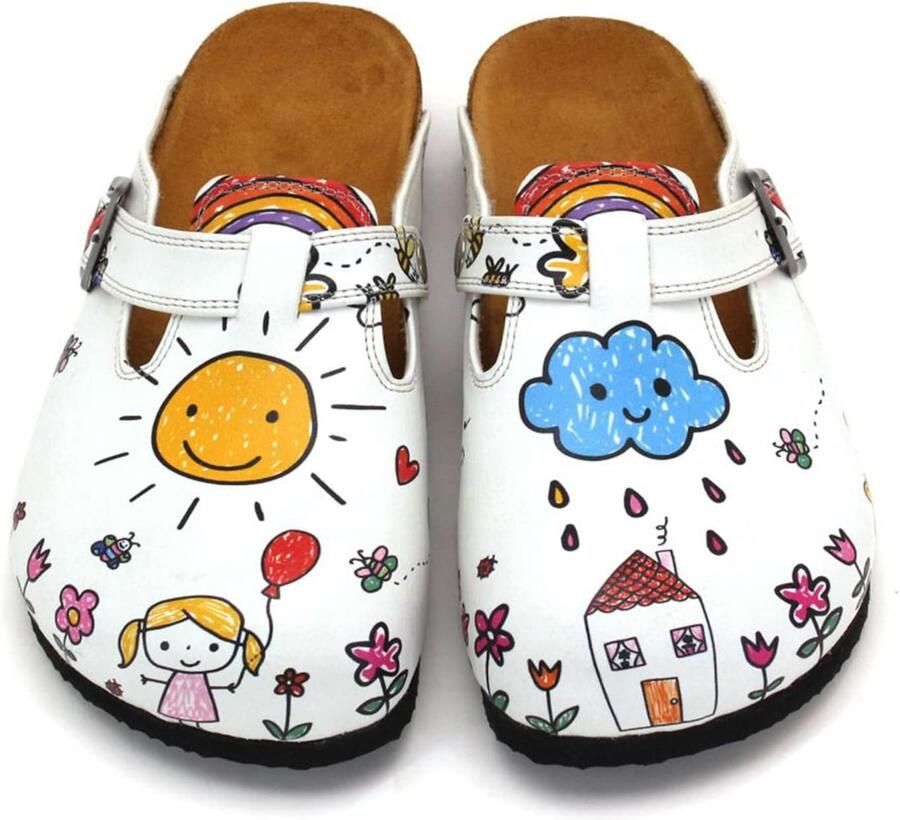 GOBY Dames Clogs Zon en Wolk Illustratie Handgemaakt Vegan Leer Comfortabele Damesklompen - Foto 2