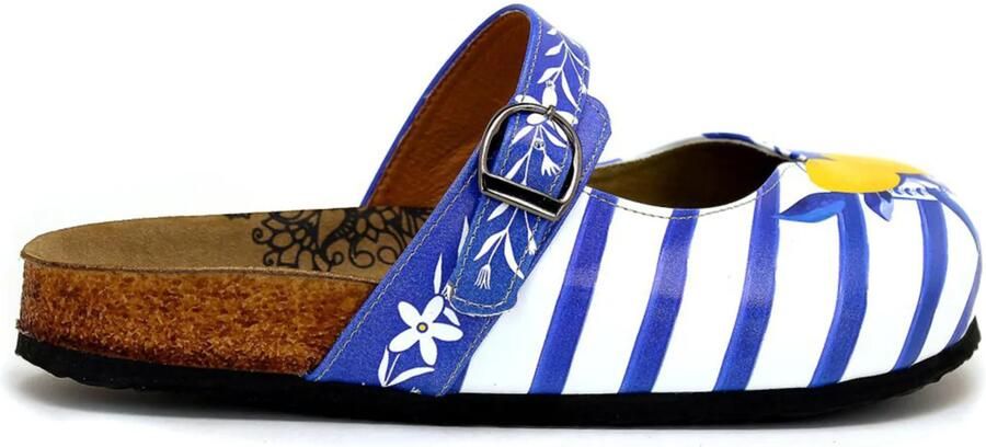 Goby Clogs 'Women Calceo White Clogs WCAL2215 with blue stripes and lemons' blauw