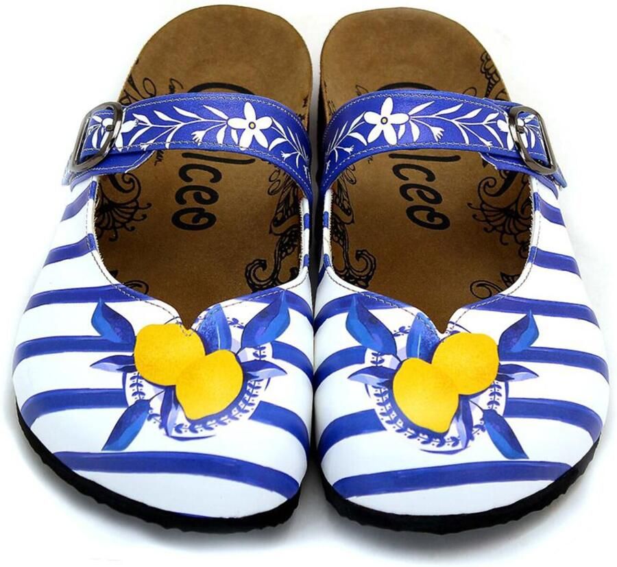 Goby Clogs 'Women Calceo White Clogs WCAL2215 with blue stripes and lemons' blauw - Foto 2