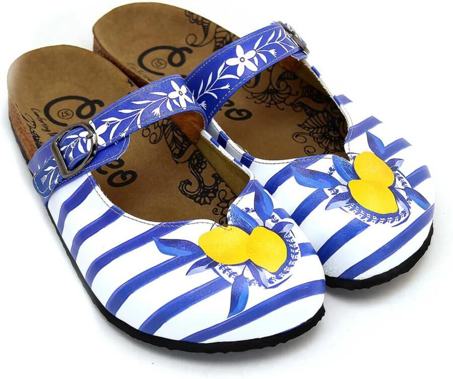 Goby Clogs 'Women Calceo White Clogs WCAL2215 with blue stripes and lemons' blauw - Foto 3