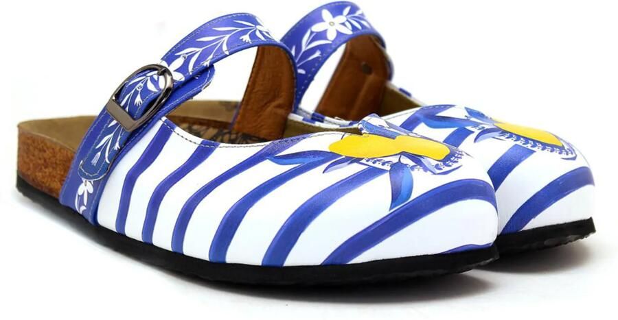 Goby Clogs 'Women Calceo White Clogs WCAL2215 with blue stripes and lemons' blauw - Foto 4