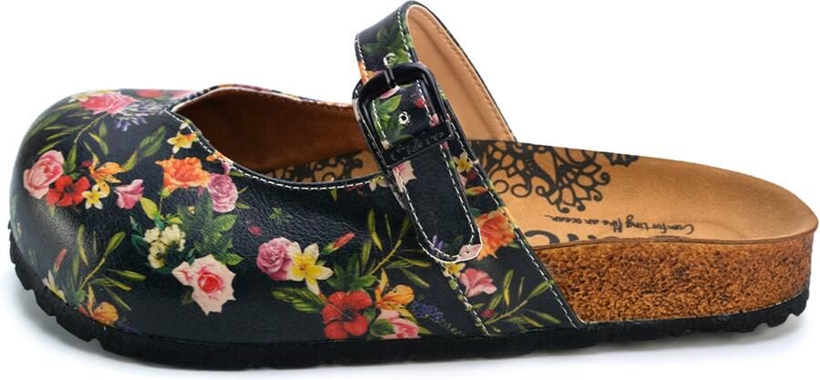 Goby Clogs 'Women shoes -Calceo mules with flowers CAL2201' zwart
