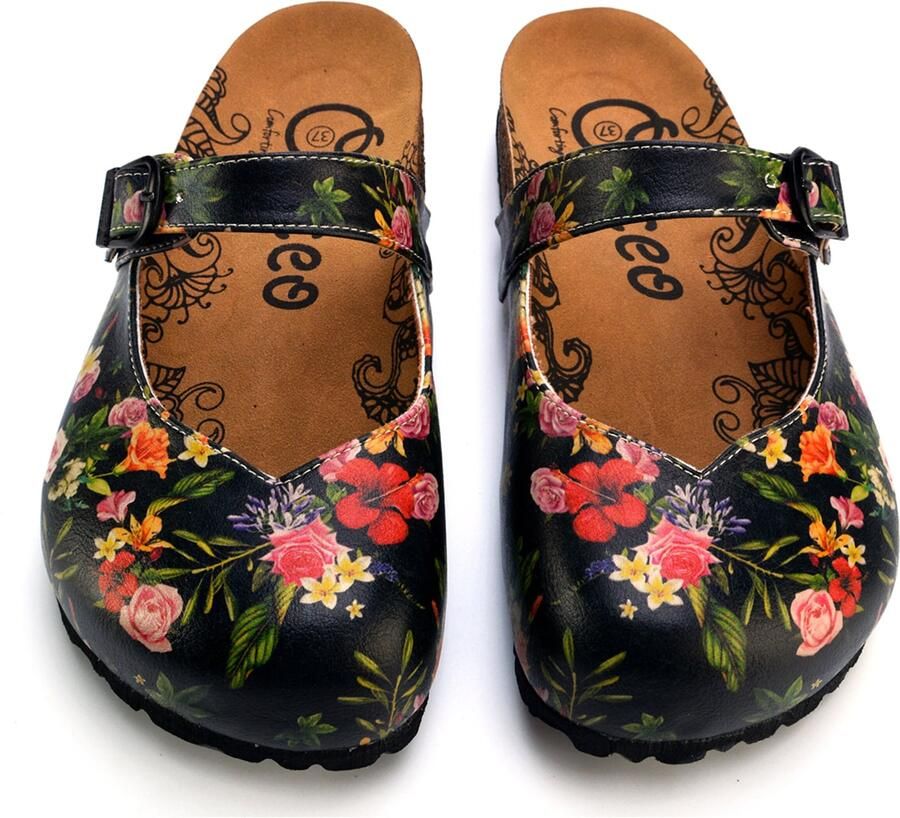 Goby Clogs 'Women shoes -Calceo mules with flowers CAL2201' zwart - Foto 2