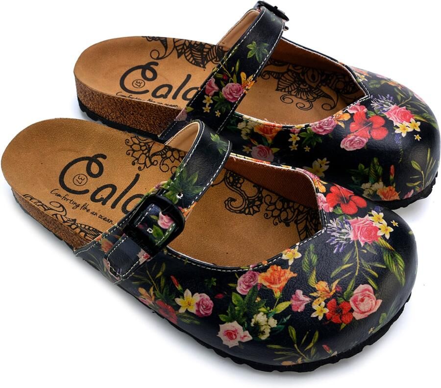 Goby Clogs 'Women shoes -Calceo mules with flowers CAL2201' zwart - Foto 3