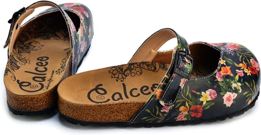 Goby Clogs 'Women shoes -Calceo mules with flowers CAL2201' zwart - Foto 4