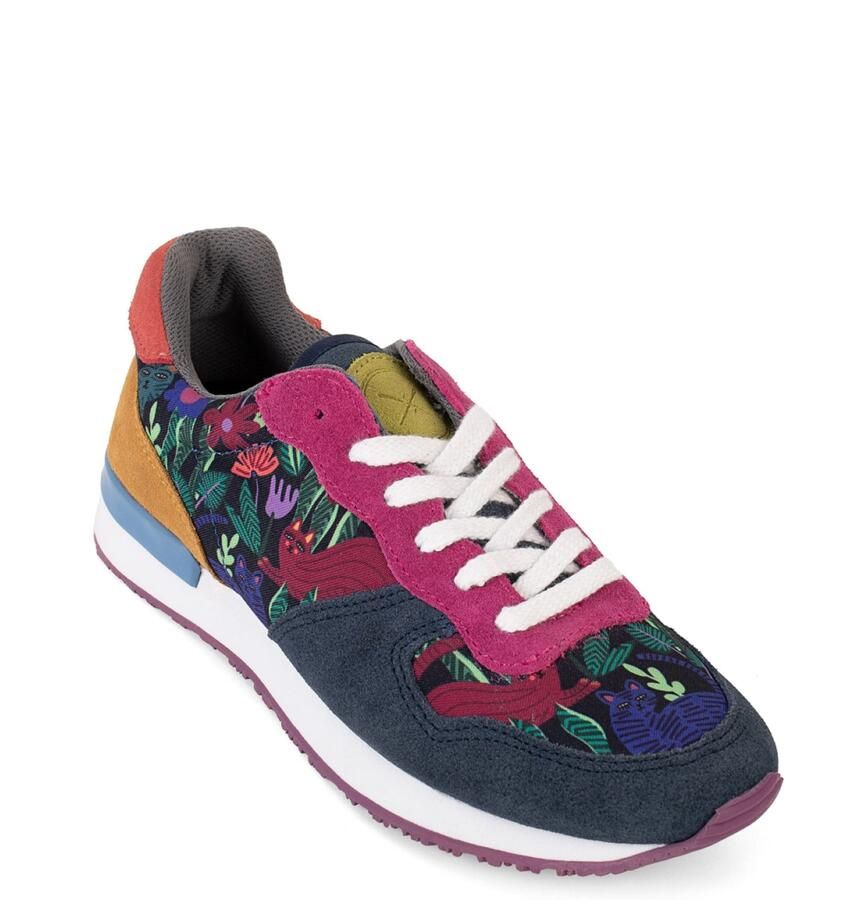 Inkkas Sokoke dames sneaker comfortabele suède sneaker met kattenprint magenta blauw geel groen - Foto 3