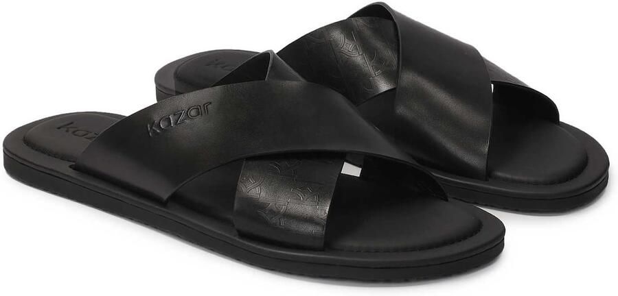 Kazar Minimalistische zwarte leren slides Black Heren - Foto 3