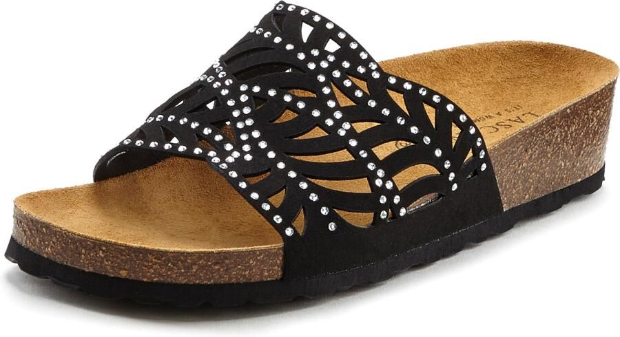 Lascana Slippers Mule sandaal open schoen met comfortkurk voetbed van leer en glinsterende steentjes