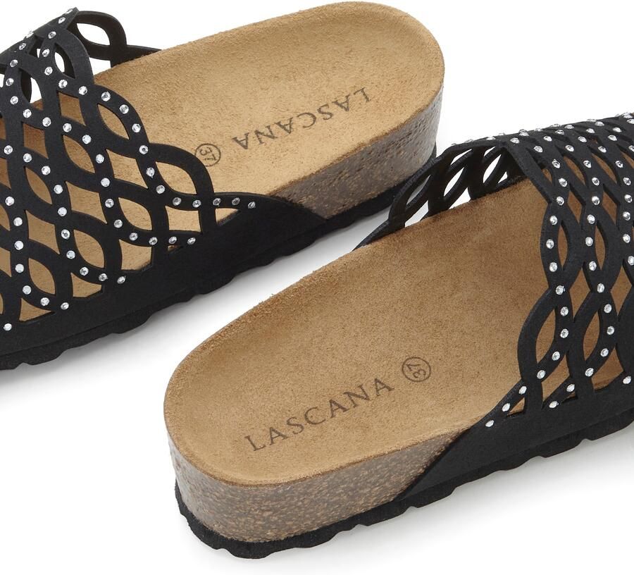 Lascana Slippers Mule sandaal open schoen met comfortkurk voetbed van leer en glinsterende steentjes - Foto 3