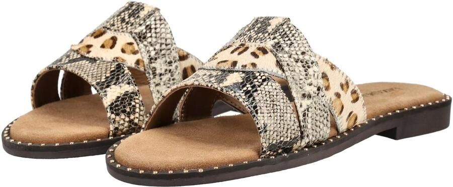 Lazamani Suze leren slippers met dierenprint en panterprint beige zwart - Foto 6