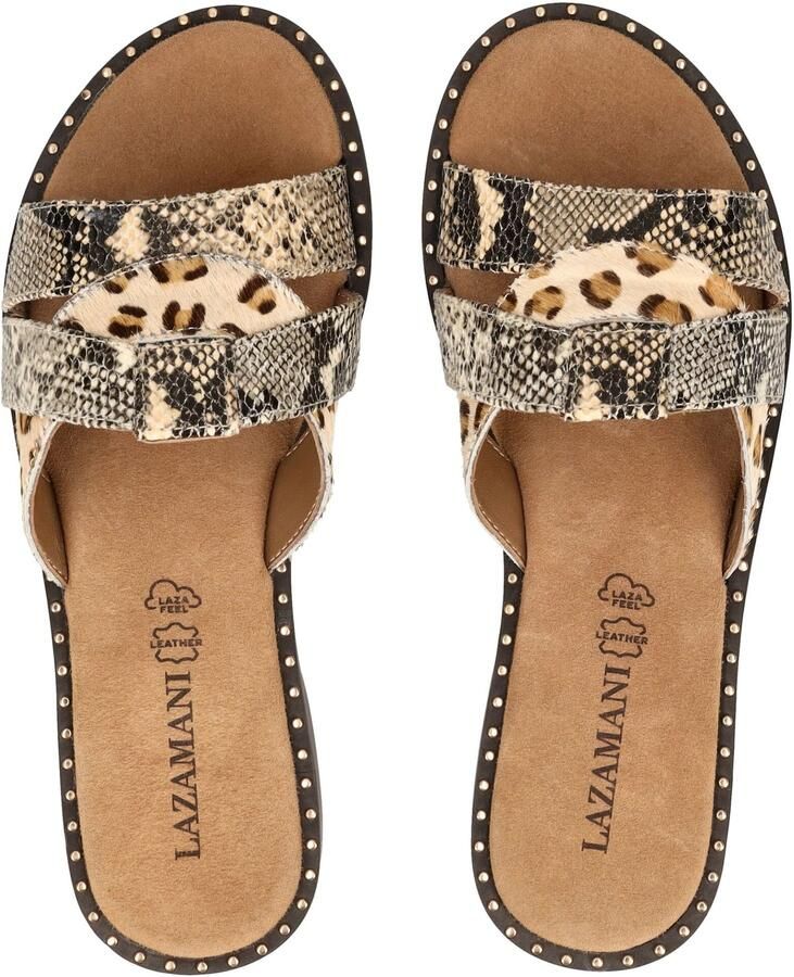 Lazamani Suze leren slippers met dierenprint en panterprint beige zwart - Foto 3