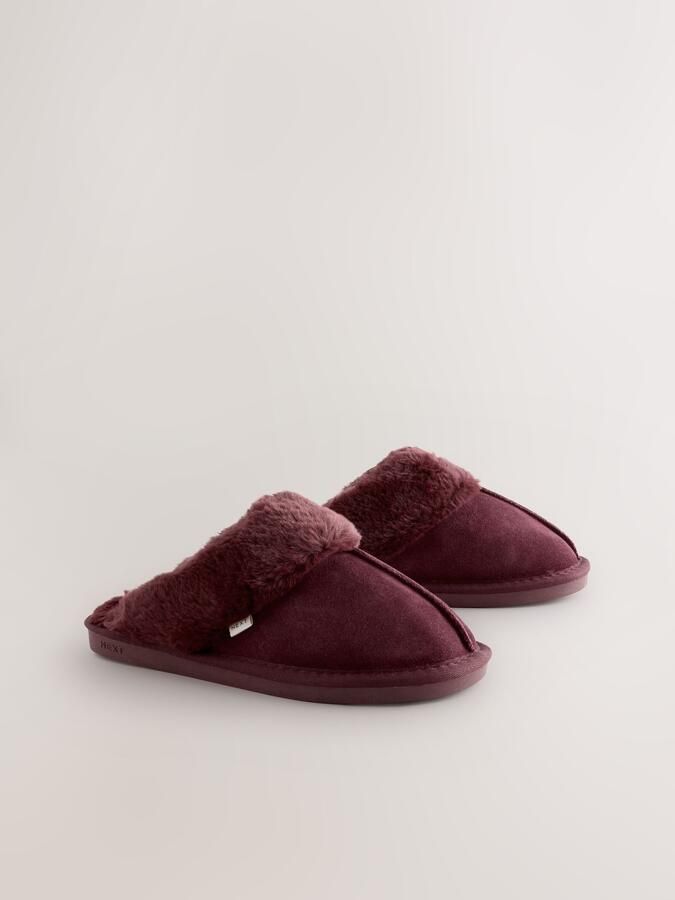 Next Dames Met imitatiebont gevoerde suède pantoffelmuiltjes Rood - Foto 5
