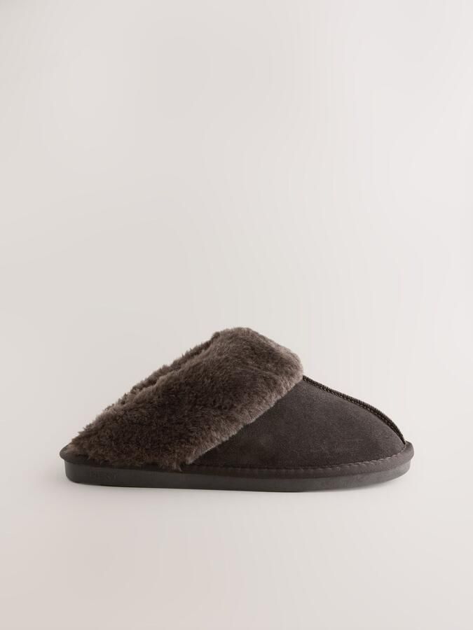 Next Dames Met imitatiebont gevoerde suède pantoffelmuiltjes Bruin - Foto 2