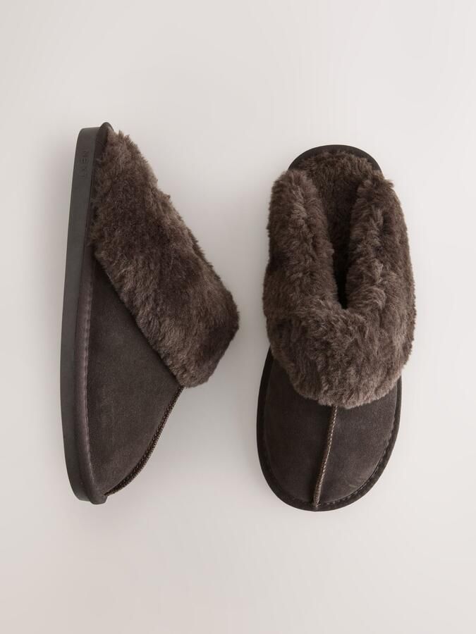Next Dames Met imitatiebont gevoerde suède pantoffelmuiltjes Bruin - Foto 4