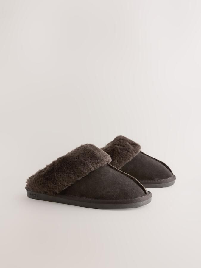 Next Dames Met imitatiebont gevoerde suède pantoffelmuiltjes Bruin - Foto 5