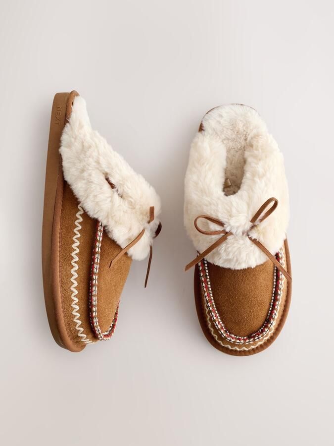 Next Dames Suède pantoffels met stiksels en voering van imitatiebont Bruin - Foto 4