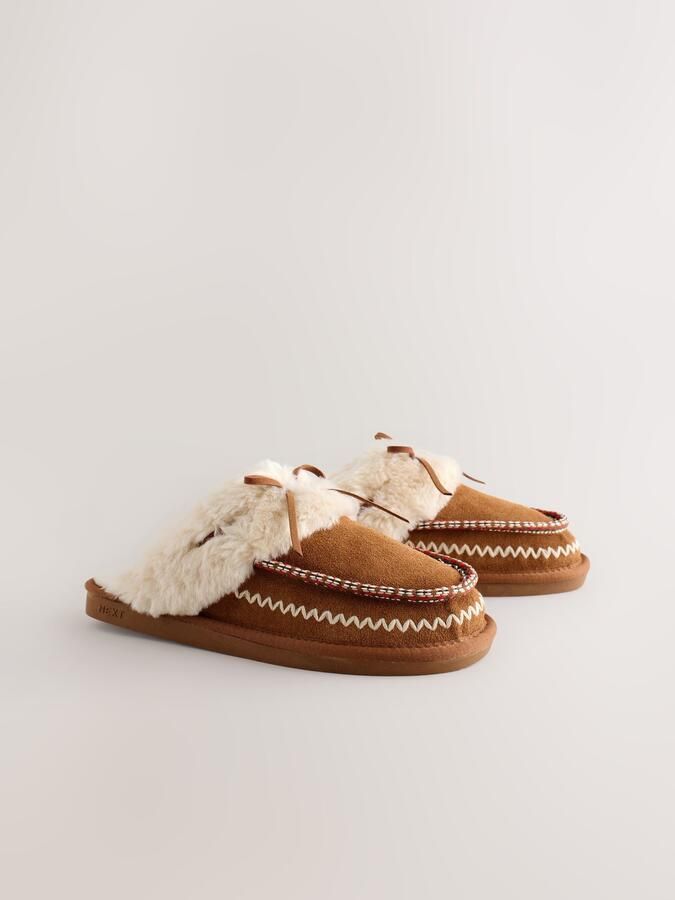 Next Dames Suède pantoffels met stiksels en voering van imitatiebont Bruin - Foto 3