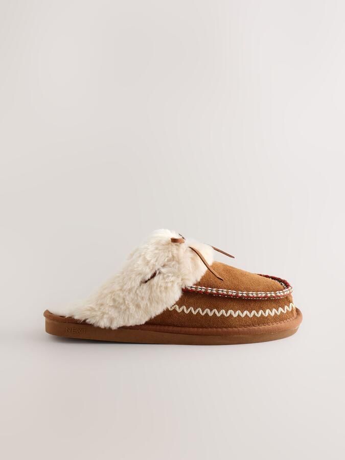 Next Dames Suède pantoffels met stiksels en voering van imitatiebont Bruin - Foto 2