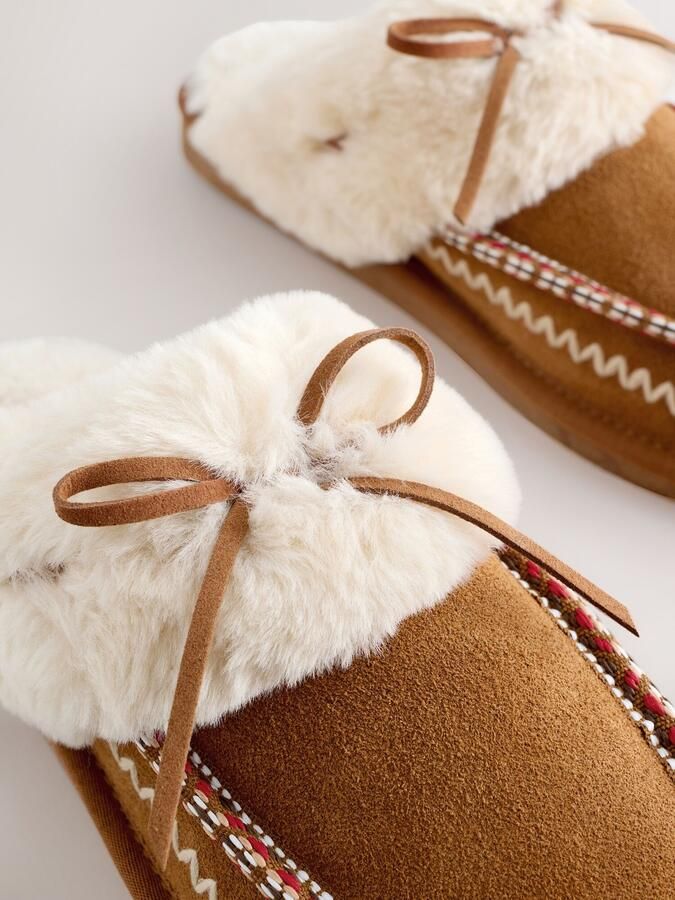 Next Dames Suède pantoffels met stiksels en voering van imitatiebont Bruin - Foto 6