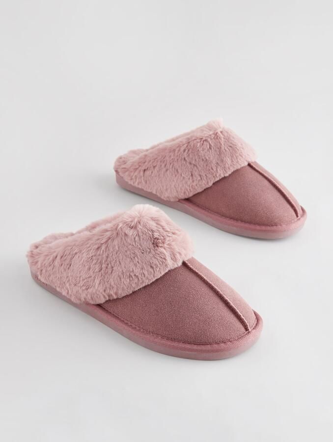 Next Dames Met imitatiebont gevoerde suède pantoffelmuiltjes Roze - Foto 2