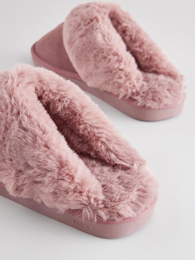 Next Dames Met imitatiebont gevoerde suède pantoffelmuiltjes Roze - Foto 3