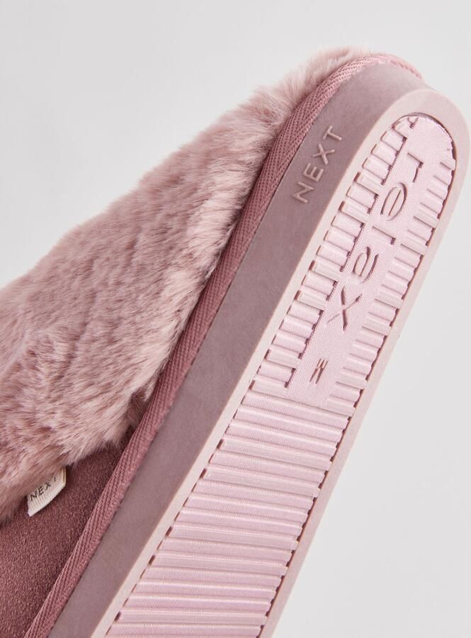 Next Dames Met imitatiebont gevoerde suède pantoffelmuiltjes Roze - Foto 4