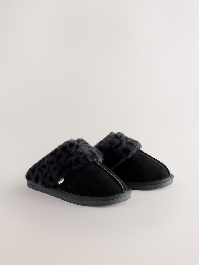 Next Dames Met imitatiebont gevoerde suède pantoffelmuiltjes Zwart - Foto 2
